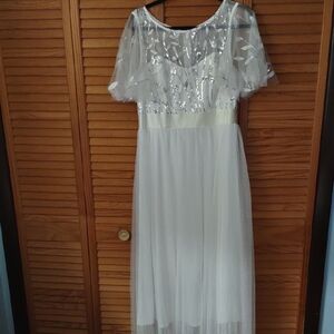 Ever Pretty White Silver Sequins Embroidered Leaf Print Tulle Maxi Dress Size 14